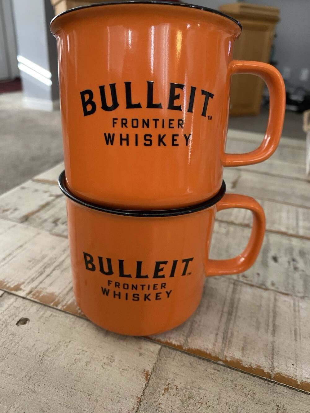 Bulleit Frontier Whiskey Coffee Mugs Bold Orange & Black 10oz Set of 2 Cups